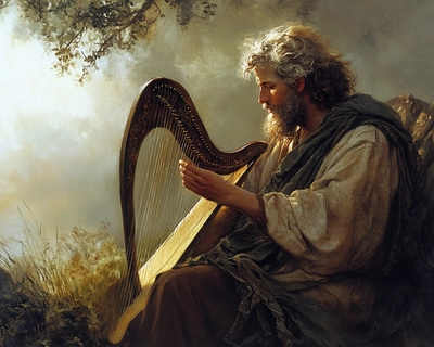 David a shepherd a singer, praised god with songs. He had a harp in his hand. 