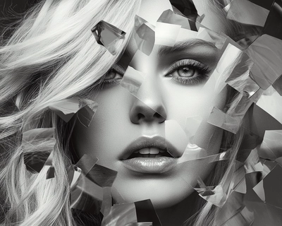 A realistic black and white photo of a beautiful blonde woman made into a jigsaw puzzle with the pieces shuffled. 