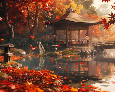 A serene Japanese garden in the heart of autumn, with vibrant red and orange maple leaves gently falling around a traditional wooden tea house. The scene is captured in the style of Studio Ghibli, with soft, whimsical details and a warm, nostalgic color palette. The image is taken with a wide-angle lens to encompass the tranquil pond, stone lanterns, and a small wooden bridge, all bathed in the soft glow of the setting sun.