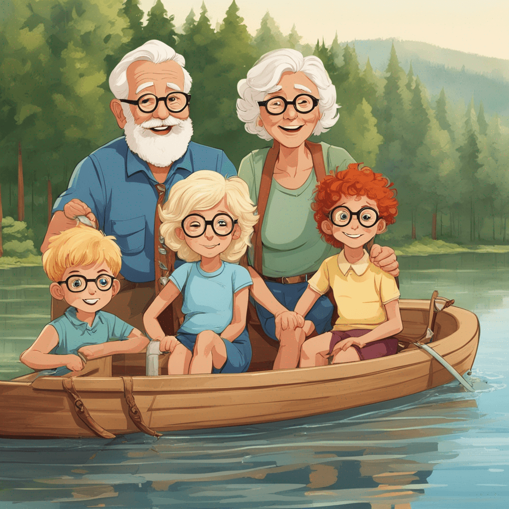 I would like grandparents at the lake with their three grandkids. Grandpa and Grandma have glasses. Grandma has a blonde short haircut. Grandpa has auburn hair. The three grandkids do not have glasses. There is a seven year old blonde boy, a five year old blonde girl, and a four year old red curly haired girl.