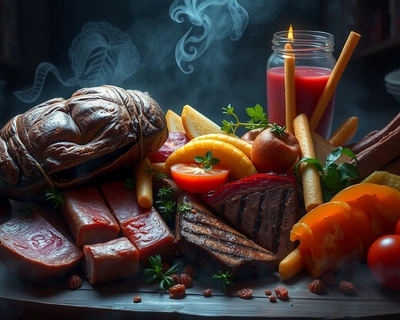 a delicious food arrangement, digital art, trending on artstation, highly detailed digital illustration, vibrant colors, moody atmospheric lighting, misty, dark tones, highly detailed, rich textures, intricate details