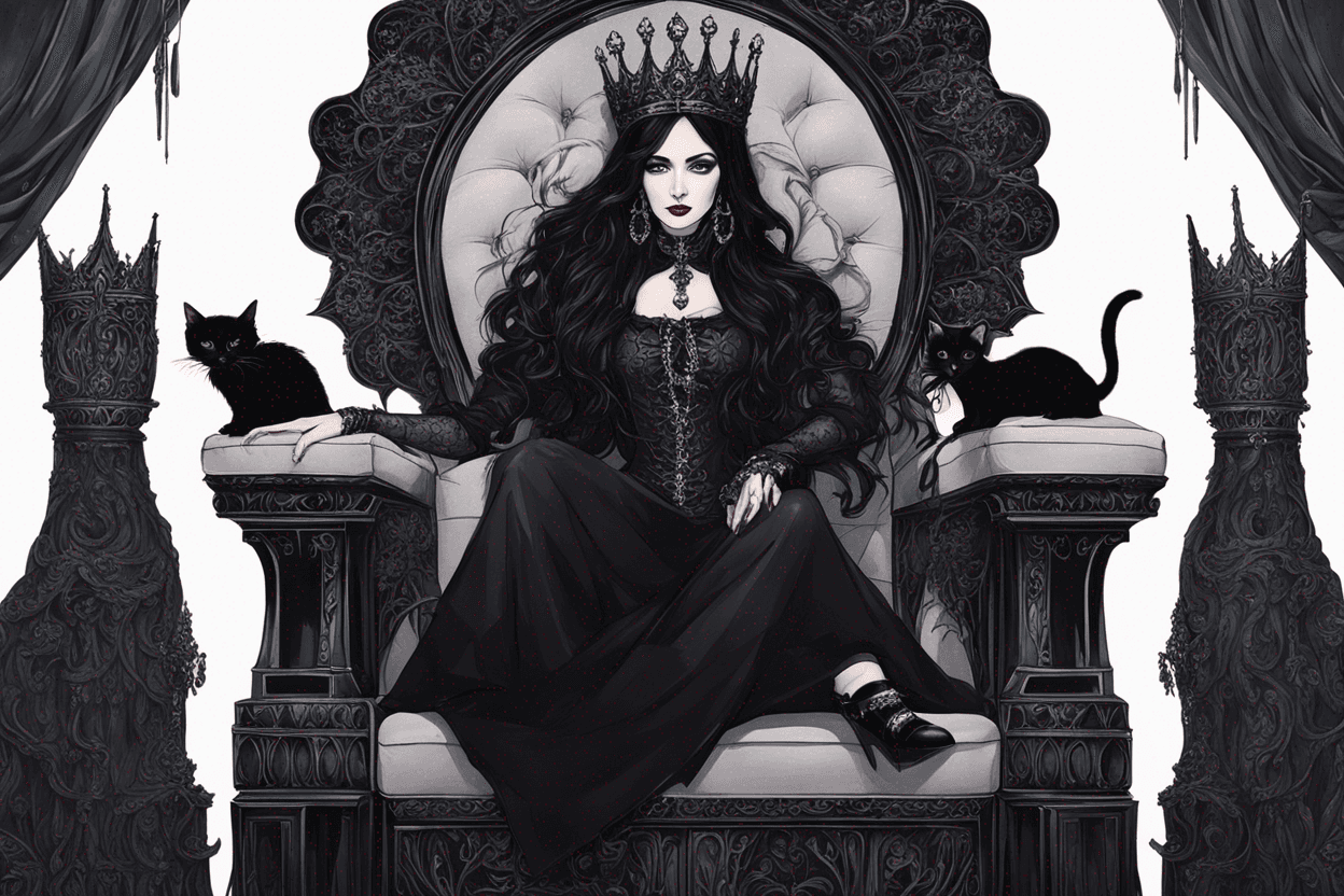 beautiful goth queen with black hair sitting on a black throne with a black background holding a black cat
