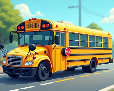 necesito una imagen de bus escolar que sea animada claro en una carretera 