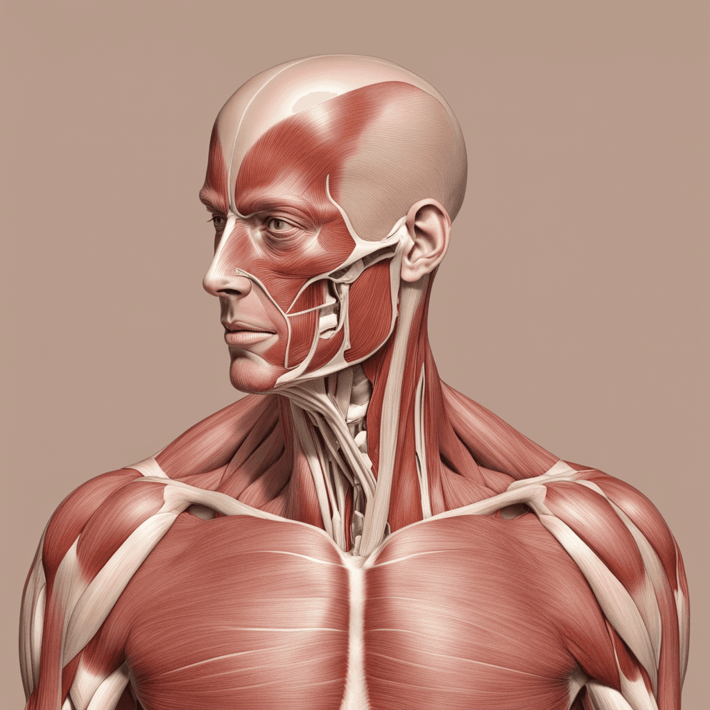a picture of a human muscle anatomy of the head and upper torso (anterior part)