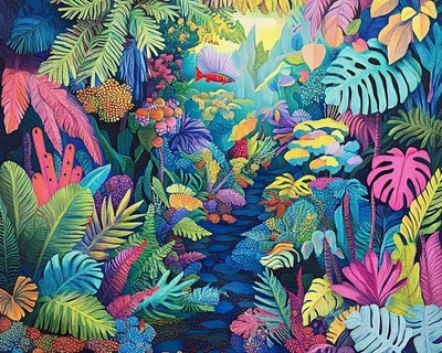 a picture of a lush garden with many different colored plants and animals
