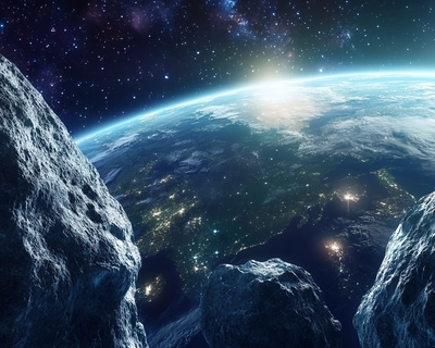 A picture of space, rock ships and earth