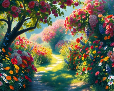 a lush garden with flowers, impressionist painting style, visible brushstrokes, light and color emphasis, Monet-inspired, highly detailed, rich textures, intricate details