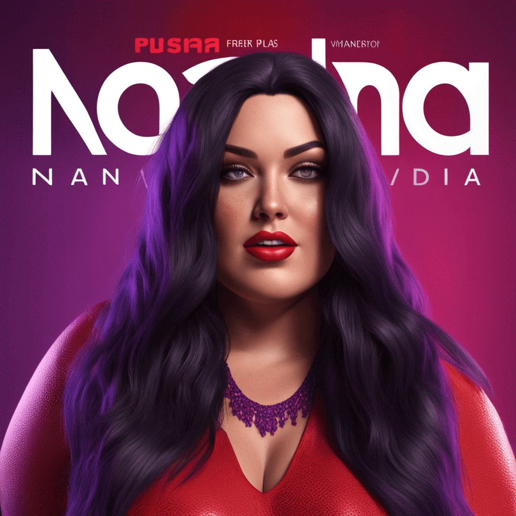 Create a visually stunning 4D render of a beautiful plus-size American woman with fair skin, long black hair, and freckles. Incorporate vibrant red and purple tones into the name 'Nana' and surrounding text. Ensure the final render is highly realistic and suitable for printing in 4K resolution.