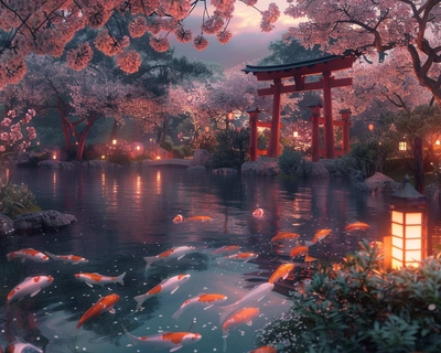A serene Japanese garden at dusk, featuring a tranquil koi pond surrounded by cherry blossom trees in full bloom, with a traditional red torii gate in the background. The scene is illuminated by soft, warm lantern light, creating a peaceful and ethereal atmosphere. The art style should be inspired by the delicate and detailed works of Katsushika Hokusai, with a slight modern touch. Use a wide-angle lens to capture the entire scene, ensuring the intricate details of the cherry blossoms and koi fish are visible.