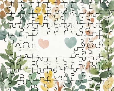 Design a 12-piece puzzle for a baby gender reveal event. The puzzle should have soft, natural tones and feature symbols representing both a baby boy and a baby girl in the center. There should be a blank space in the middle of the puzzle to place the baby's name once it is completed. The puzzle should include subtle elements like leaves, branches, and other nature-inspired details to evoke a peaceful forest theme. The puzzle pieces should be large and easy to assemble, with a calm and gentle color palette.