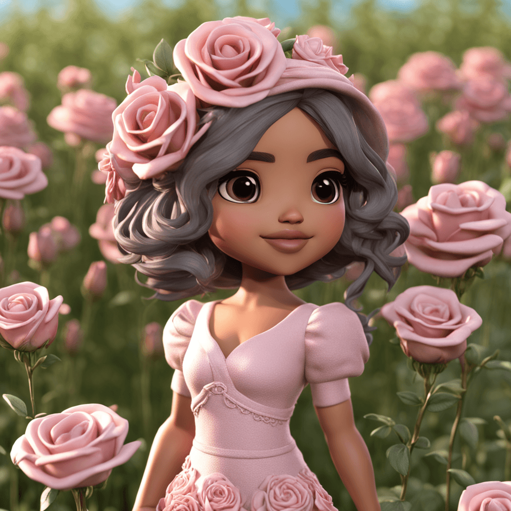 A photorealistic 3D render of a chibi Latina Tatiana in rosa tones, standing in a field of wildflowers. She is holding a bouquet of roses in her hand, and her hair is blowing in the wind.