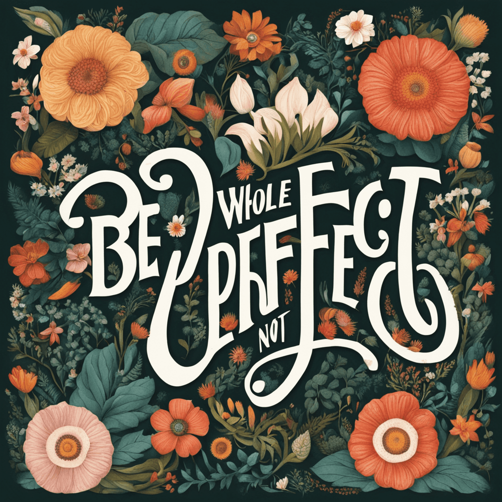 Puzzle of the sentence " Be Whole, Not Perfect" with floral design,  written in big letters