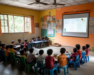 A picture of a school room where children do their IT lesson.