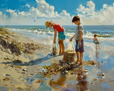 olunteer children cleaning beach