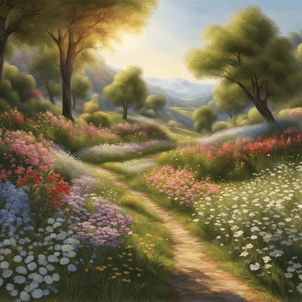 a picture of a flowery landscape direct sunlight highly detailed ultra realistic 