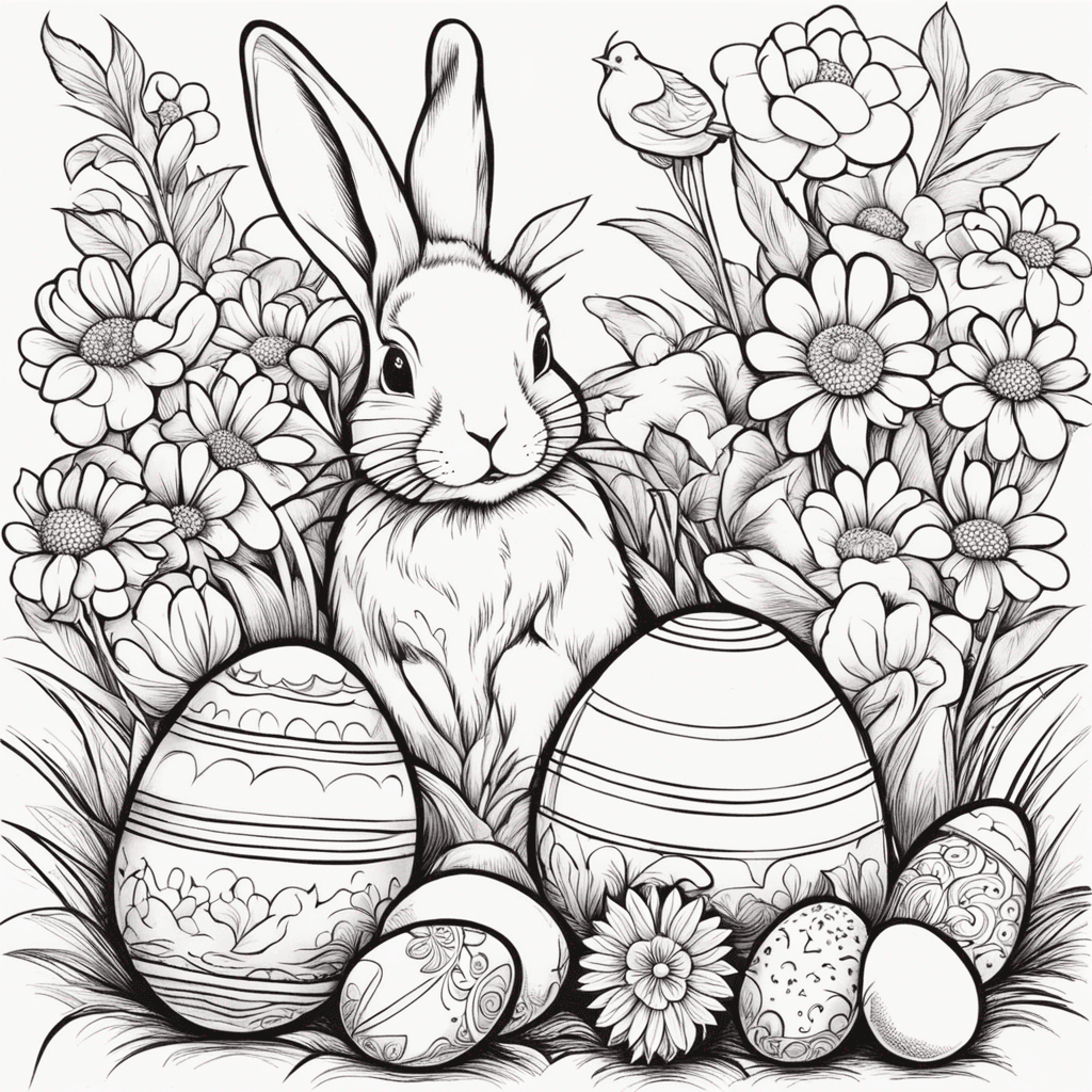 I would like an outline image of Easter with eggs, bunnies, chicks, and flowers so that it can be coloured in by children

