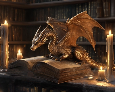 small gold dragon, book, candles, library
