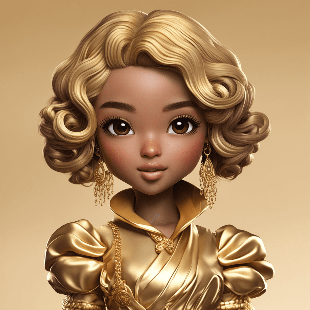 Chibi curly hair Phillipine in gold tones on the name "Roza”, illustration, 4d render, photo, realistic, cinematic, 3d render, anime, photo, poster, fashion, portrait photography



