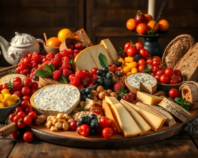 a delicious food arrangement, cinematic photography, dramatic lighting, film still, anamorphic lens, color graded, 8k uhd, highly detailed, rich textures, intricate details