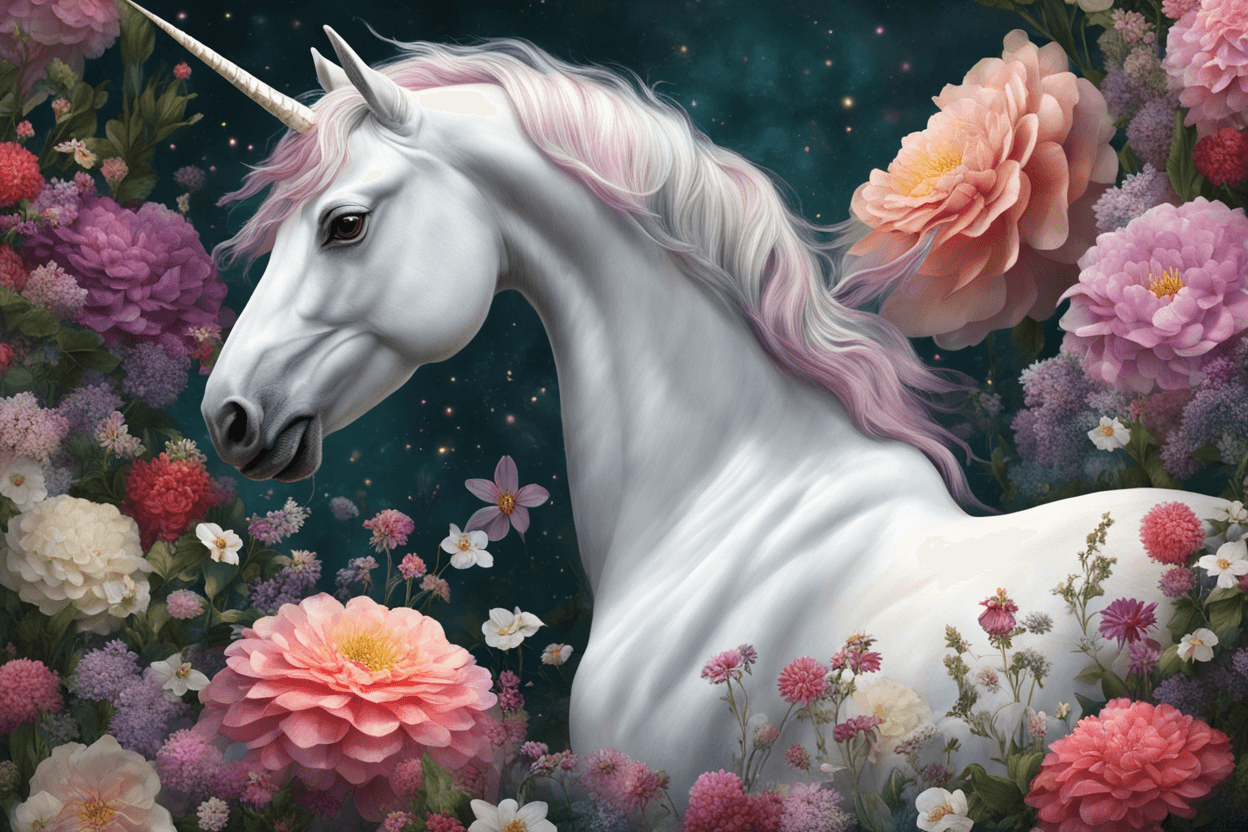 "Hyper realistic Generate a unicorn surrounded by blooming flowers in a enchanted garden.
