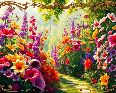 a lush garden with flowers, art nouveau style, ornate decorative borders, flowing organic lines, Alphonse Mucha inspired, natural daylight, clear and balanced lighting, highly detailed, rich textures, intricate details