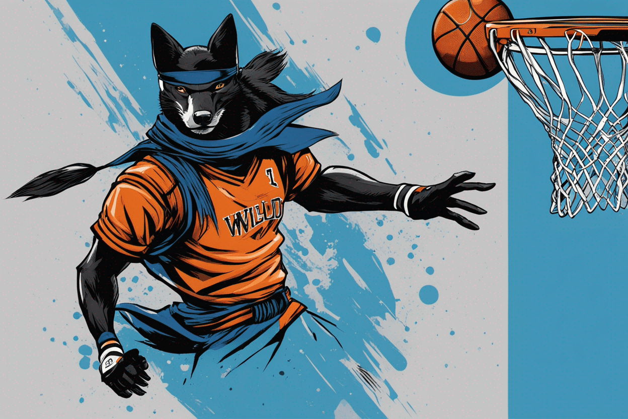 una camiseta de basketball negro y azul  con un zorro en el medio y que diga wild fox
