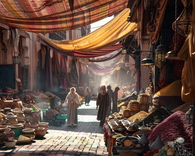 a vibrant, bustling street market in Marrakech, Morocco. The scene is filled with colorful stalls overflowing with spices, textiles, ceramics, and handcrafted goods. The narrow alleyways are lit by warm, golden sunlight filtering through intricately patterned fabric awnings overhead. Local vendors in traditional attire haggle with customers, adding to the lively atmosphere. The view is from a bird's eye perspective, capturing the maze-like layout of the market with its winding paths and hidden courtyards. The image should be rendered in a detailed, immersive style reminiscent of the intricate illustrations found in oriental manuscripts, with a focus on capturing the rich textures and patterns of the market's architecture and wares. The camera lens used should emulate the depth and detail of a macro lens, bringing out the intricate details of the scene.