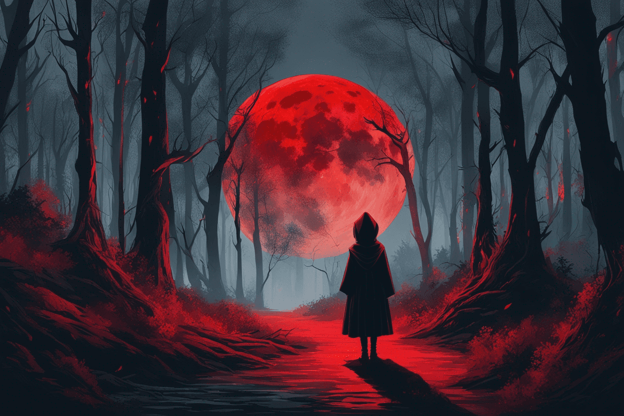 Imagine a  forested landscape with darkness near., grey smoke in the background, a red moon and the silhouette of red eyes within the forest. Include a young girl facing the forest with a blue hood. 
