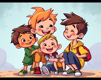 kids playing together , cartoon style illustration, vibrant colors, fun and playful, clean bold lines, animated movie quality, vibrant saturated colors, high color contrast, highly detailed, rich textures, intricate details