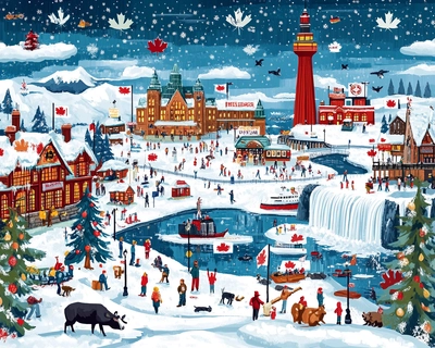 a large scenery of Maple syrup factory, hokey, niagra falls, tim hortons, cn tower,  northern lights, moos, beaver, lighthouse, different people,snow, canadein flag, maple leaf.
