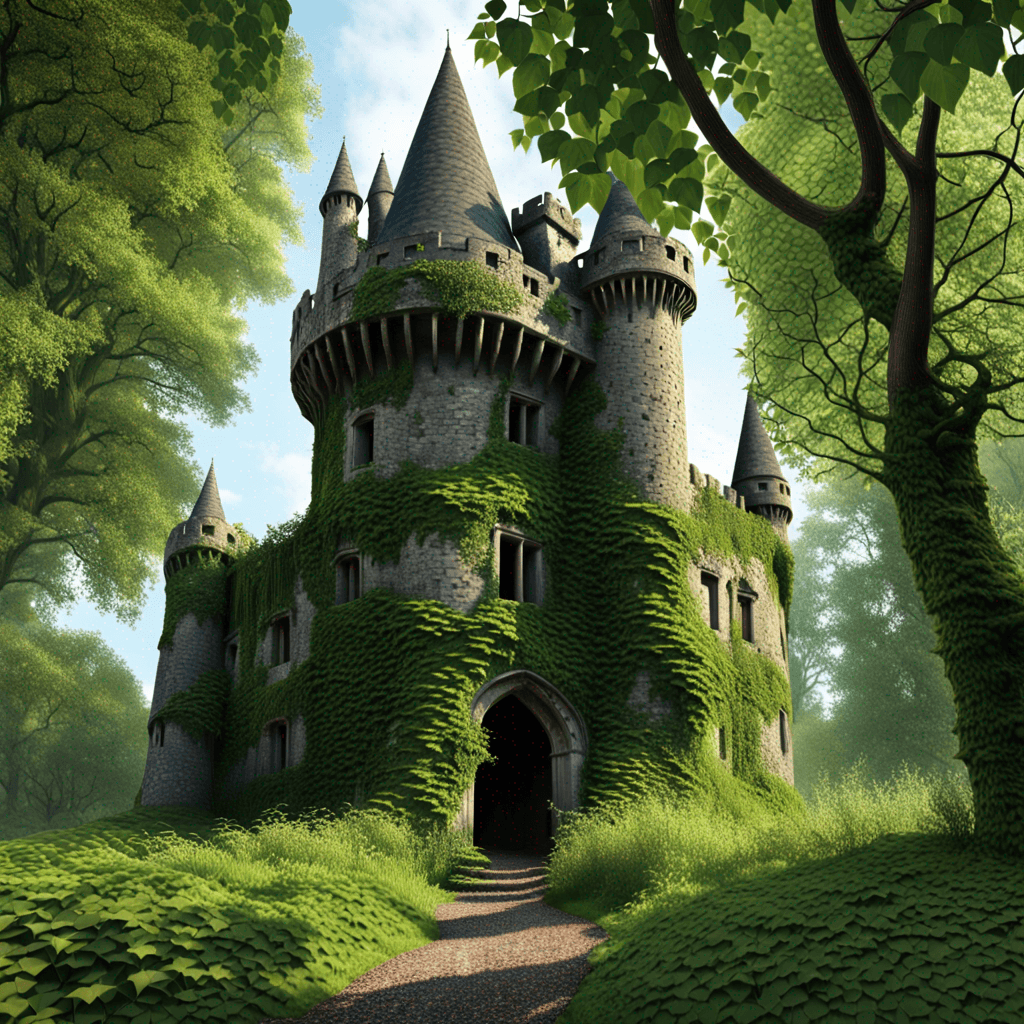 Amidst the overgrown, enchanted forest, a magnificent and centuries-old abandoned castle stands in solemn isolation. Its weathered stones and turrets rise above the tangled underbrush, shrouded in an aura of mystery and timelessness. The castle's grand entrance, now entwined with ivy, beckons you to explore its forgotten halls and hidden secrets. Write a vivid and evocative description of this abandoned castle, capturing its haunting beauty and the echoes of its past