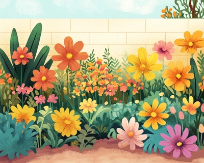 draw a cute and cheerful illustration of a garden with lots of colourful flowers
