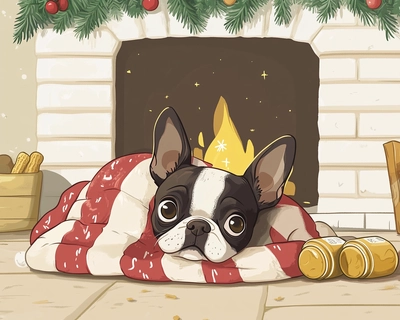 A picture of a cartoon Boston terrier, cuddled in blankets in front of white brick fireplace. 
 There are Christmas decorations on the fireplace. there are empty peanut butter jars laying on the floor next to the dog