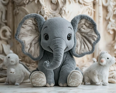 un elephant mignon style disney dans un chateau magnifique entouré de plein d'animaux en peluches
