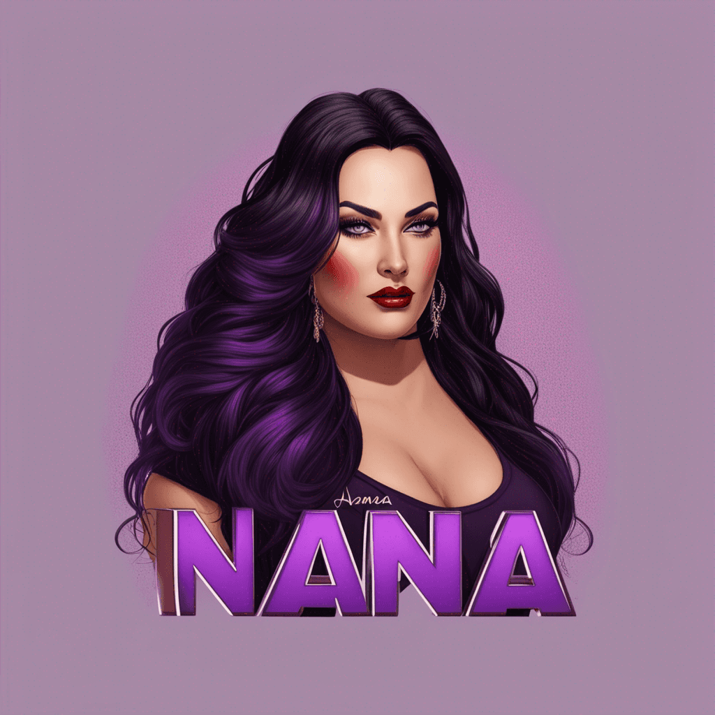 American lady, plus size beauty, long black hair with freckles, red and purple tones painted on the name "Nana". 4d text render, photorealistic, ready to print in 4k