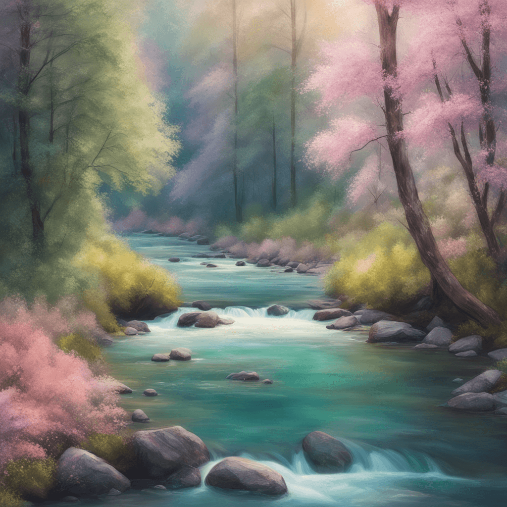 a picture of a magical forest with a river flowing through it. Soft pastel colors, impressionist brushstrokes, and a close up view. 4K resolution, telephoto lens, and a dreamy atmosphere.