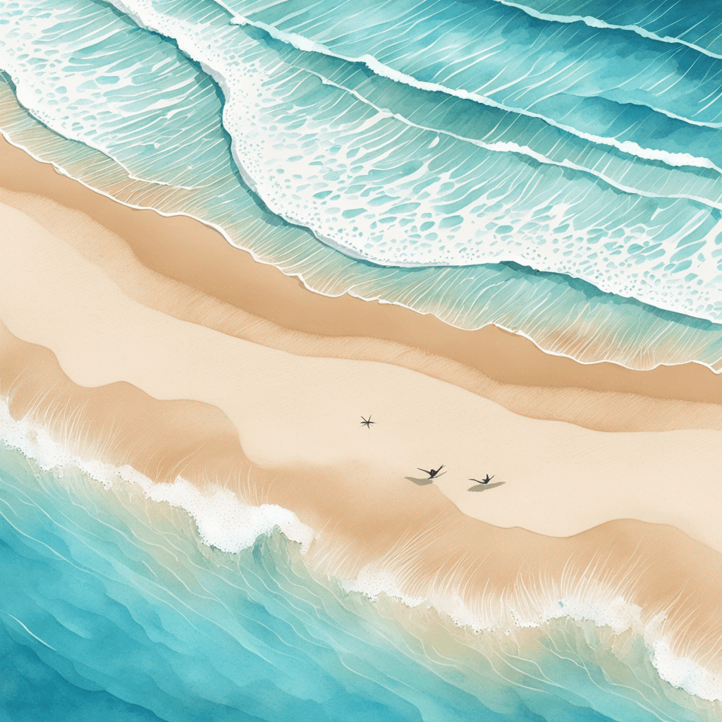 a picture of a dreamy beach landscape with a crystal clear ocean, soft sand and a bright blue sky. Aesthetic minimalist watercolor art style, with paper textured print, vector posters. Illustration, travel art minimal scene, birds eye view, shot with a telephoto lens at 4K resolution.