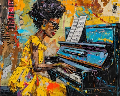 A Van Gogh abstract painting of an African American 40 year old women with very very short black and gray natural Afro wearing black cat eye glasses and a yellow dress play an old upright black piano in her living room