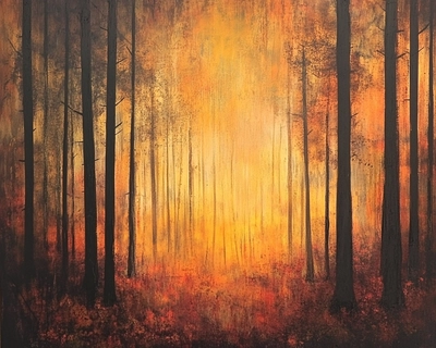 A forest misty at sunset