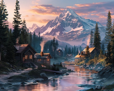 A serene mountain village at sunrise, inspired by the dreamy, pastoral style of Bob Ross. The scene includes quaint wooden cottages with smoke gently rising from chimneys, nestled among tall pine trees. A crystal-clear river winds through the village, reflecting the soft pastel colors of the dawn sky. The distant snow-capped peaks are bathed in the golden hues of morning light. Capture this with a wide-angle lens to encompass the entire tranquil scene, highlighting the harmony between nature and the village.