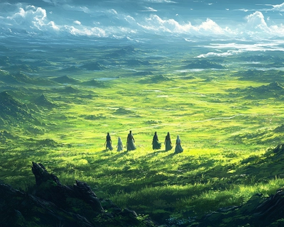 A vast green field landscape with five female warriors and one man warrior, all standing alone in the middle of the landscape. Highly detailed illustration. 100 pieces puzzle 