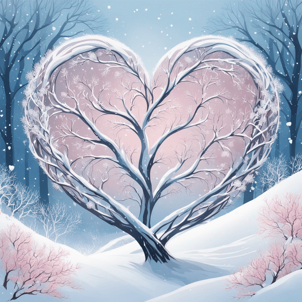 Digital art design capturing the splendor of winter in the form of a heart. The heart is intricately filled with snow in shades of white, blue, pink, complemented by twisting branches. Nestled within this winter-themed heart, the phrase 'Snowfall Serenity'