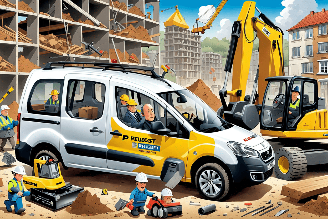 A white Peugeot Partner van drives over a construction site. Construction tools are flying all over the place. In the background a 60 year old, grey haired, nearly bald builder appears all over. In the style of Jan van Haasteren puzzle. 