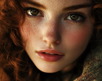 a picture of a beautiful woman with brown curly hair, oval face and hazel eyes