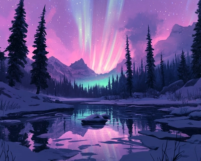 Create an aurora landscape with a bit of ice in the foreground and some tress. I don't want any cracked ice. Have a reflective surface of water showing the aurora too. Lots of colour variation is preferred.
