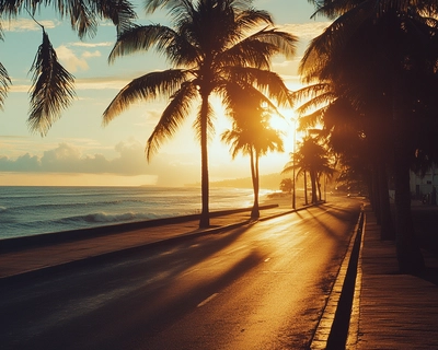 90s photograph of a tropical beach boulevard, grainy quality, the sun is setting
