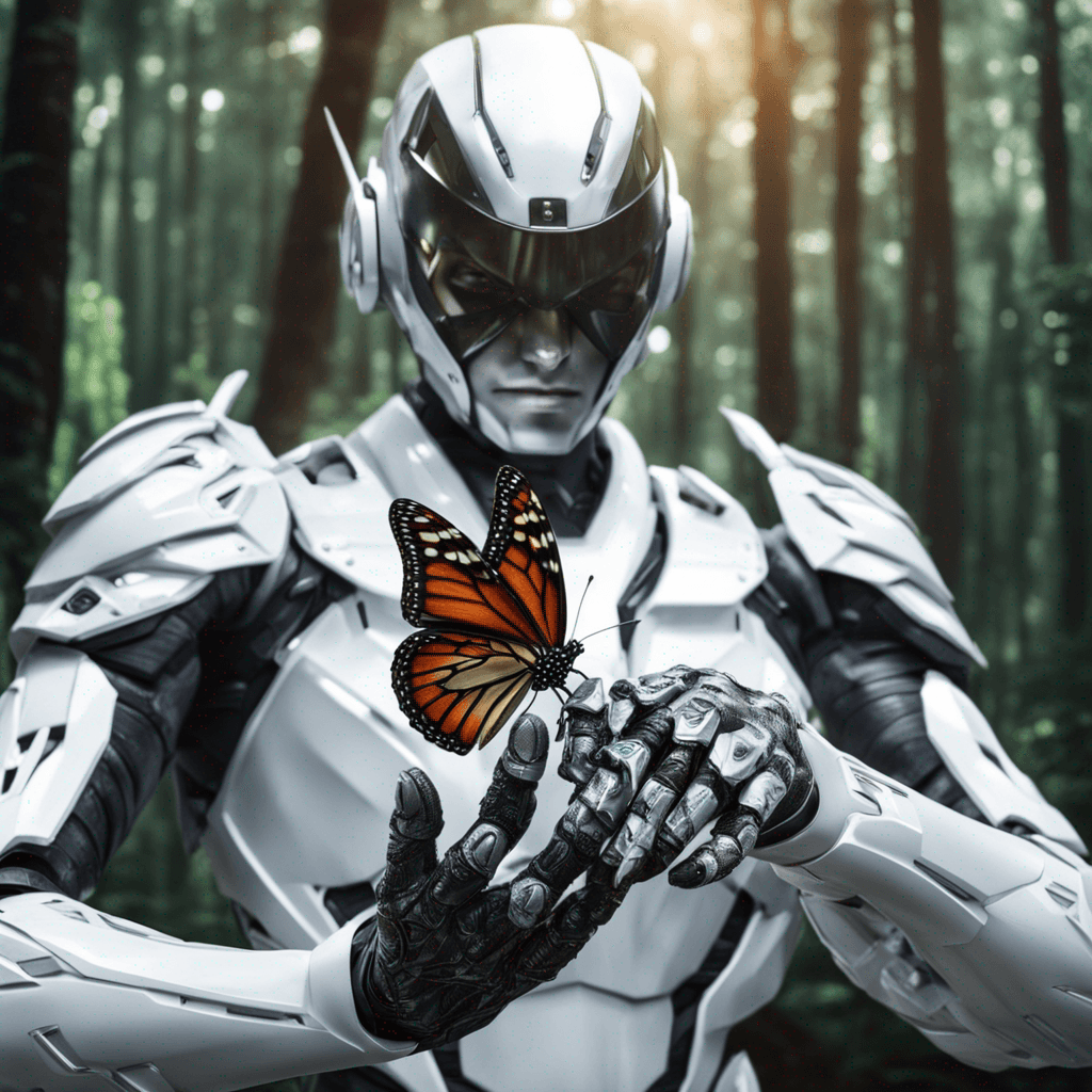 a Cyborg with human head and cybord body, white plastic armor holding a beautiful butterfly in palm of his hand, background a beautiful forest. super realistic image