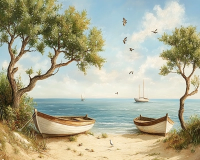 create a realistic sea landscape with beach boats birds trees sand