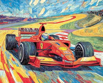 Make an illustration of a Ferrari Formula One car racing on a European circuit in the style of Van Gogh. Include a lot of details so that the image is easy to make into a puzzle e.g. lots of pattern variation.
