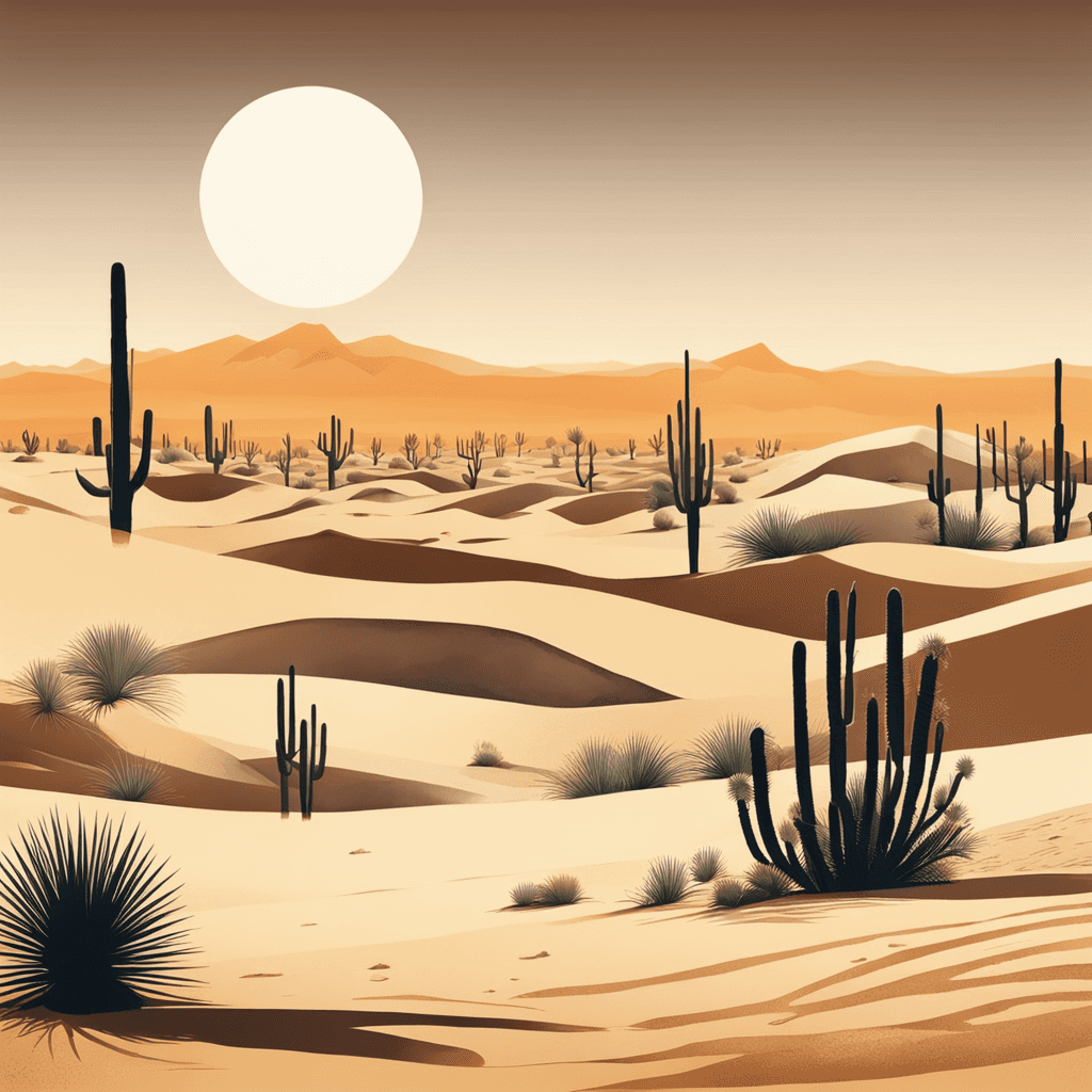 a picture of a majestic desert landscape. Aesthetic minimalist desert landscape with sand dunes, cacti, and a setting sun. Watercolor and paper textured print, vector posters. Illustration, travel art minimal scene, birds eye view. 4K resolution, wide-angle lens.